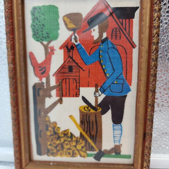 Antique Amish Colonial Farmer Framed Linen Folk Art Woven Hand Painted Rare - Picture 2 of 10